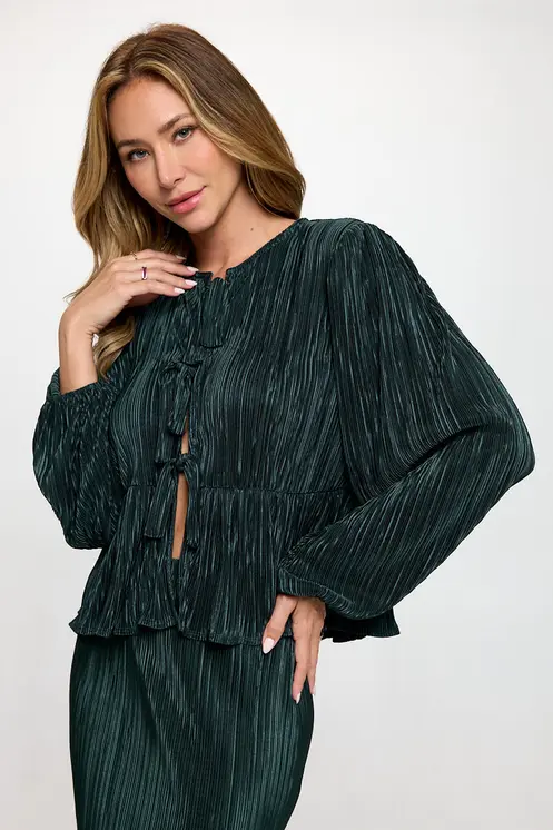 Plisse Long Puff Sleeve Top with Open Front Tie Detail