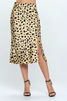 Satin Leopard Print Midi Skirt with Slit