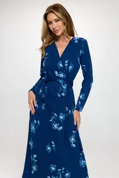 Knit Floral Print V neck Jersey Wrap Maxi Dress with Tie
