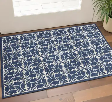 3' X 5' Blue And Ivory Floral Medallion Area Rug