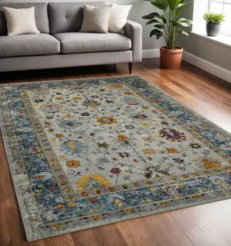 5' X 7' Gray Blue And Orange Area Rug