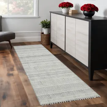 8' Ivory Black And Gray Geometric Flatweave Handmade Distressed Runner Rug With Fringe
