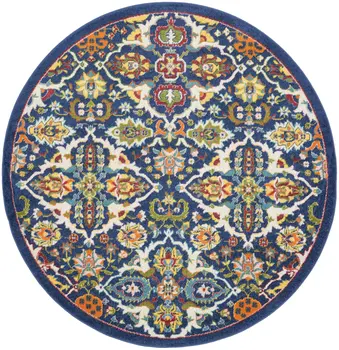 5' Blue Round Floral Power Loom Area Rug