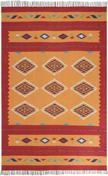 7' X 10' Orange and Red Southwestern Handmade Area Rug With Fringe