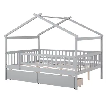 Gray Wood Full Canopy Bed Frame With Drawers