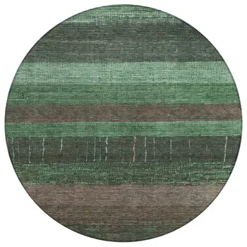 8' Green And Khaki Round Striped Washable Indoor Outdoor Area Rug