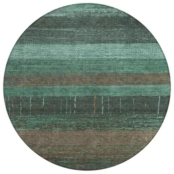 8' Teal Blue And Taupe Round Striped Washable Indoor Outdoor Area Rug