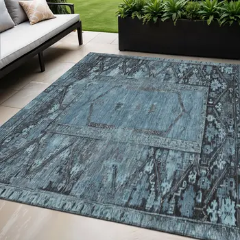 5' X 8' Blue And Gray Oriental Washable Indoor Outdoor Area Rug
