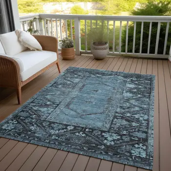 5' X 8' Blue And Gray Oriental Washable Indoor Outdoor Area Rug
