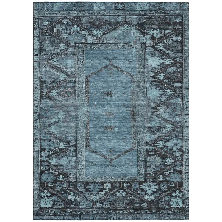 5' X 8' Blue And Gray Oriental Washable Indoor Outdoor Area Rug