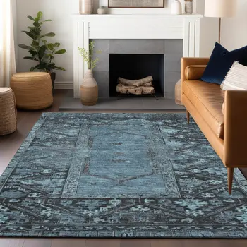 5' X 8' Blue And Gray Oriental Washable Indoor Outdoor Area Rug