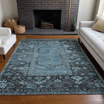 5' X 8' Blue And Gray Oriental Washable Indoor Outdoor Area Rug
