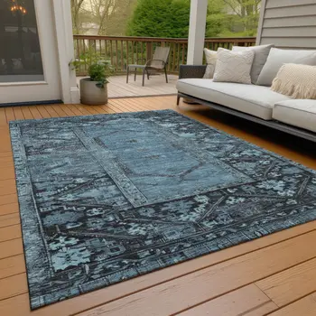 5' X 8' Blue And Gray Oriental Washable Indoor Outdoor Area Rug