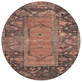 8' Terra Cotta And Gray Round Oriental Washable Indoor Outdoor Area Rug