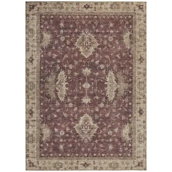 8' X 10' Burgundy And Beige Floral Washable Indoor Outdoor Area Rug