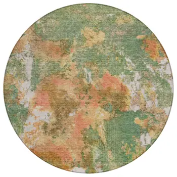 8' Fern Green And Copper Round Abstract Washable Indoor Outdoor Area Rug