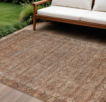 8' X 10' Copper And Peach Floral Washable Indoor Outdoor Area Rug