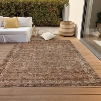 8' X 10' Copper And Peach Floral Washable Indoor Outdoor Area Rug