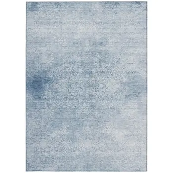 5' X 8' Sky Blue And Ivory Floral Medallion Washable Indoor Outdoor Area Rug