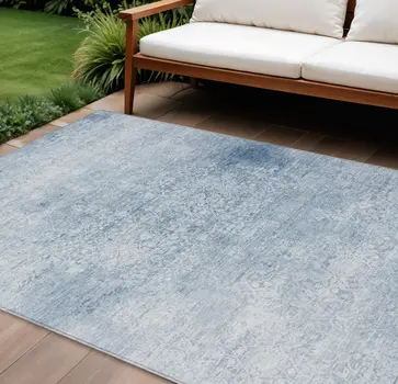 8' X 10' Sky Blue And Ivory Floral Medallion Washable Indoor Outdoor Area Rug