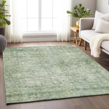 9' X 12' Artichoke Green And Ivory Abstract Washable Indoor Outdoor Area Rug