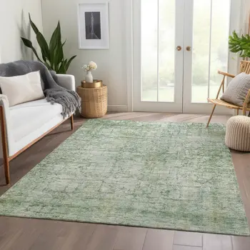 9' X 12' Artichoke Green And Ivory Abstract Washable Indoor Outdoor Area Rug