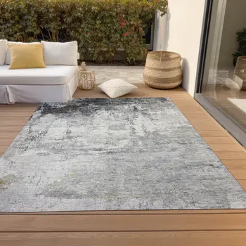 5' X 8' Gray And Ivory Abstract Washable Indoor Outdoor Area Rug