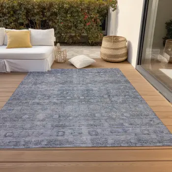 10' X 14' Blue And Gray Geometric Washable Indoor Outdoor Area Rug