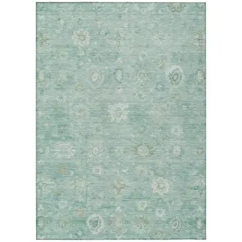 8' X 10' Teal Blue Ivory And Tan Damask Washable Indoor Outdoor Area Rug