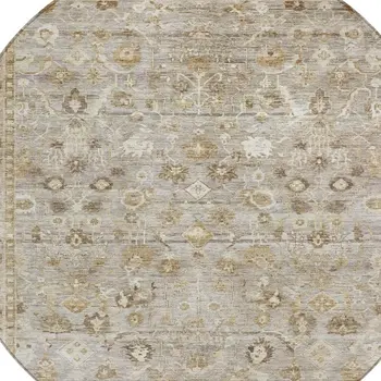 8' Taupe Brown And Ivory Round Oriental Washable Indoor Outdoor Area Rug
