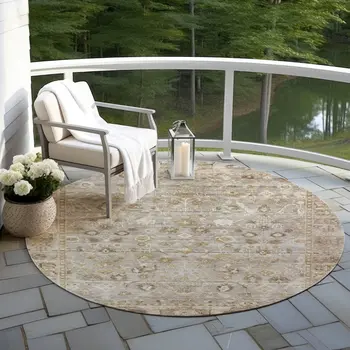 8' Taupe Brown And Ivory Round Oriental Washable Indoor Outdoor Area Rug