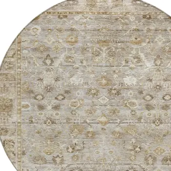 8' Taupe Brown And Ivory Round Oriental Washable Indoor Outdoor Area Rug