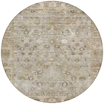 8' Taupe Brown And Ivory Round Oriental Washable Indoor Outdoor Area Rug