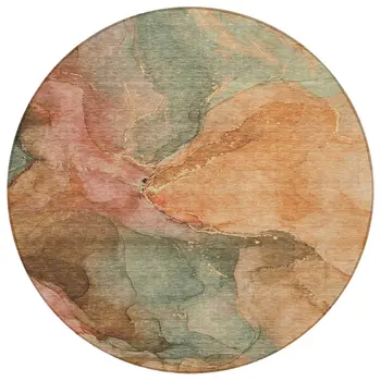 8' Coral Brown And Mint Green Round Abstract Washable Indoor Outdoor Area Rug