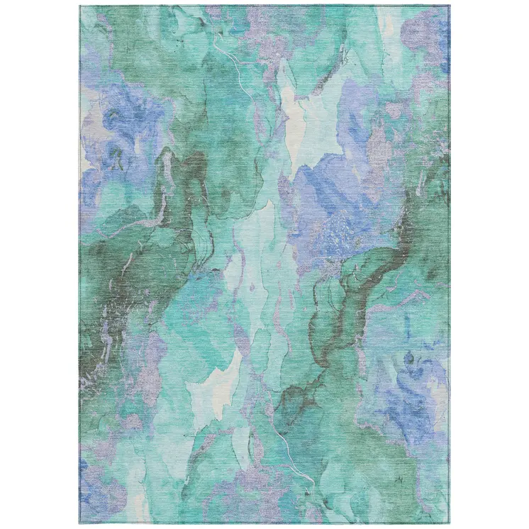 5' X 8' Teal Blue And Mint Green Abstract Washable Indoor Outdoor Area Rug