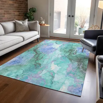 5' X 8' Teal Blue And Mint Green Abstract Washable Indoor Outdoor Area Rug