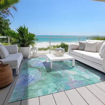 5' X 8' Teal Blue And Mint Green Abstract Washable Indoor Outdoor Area Rug