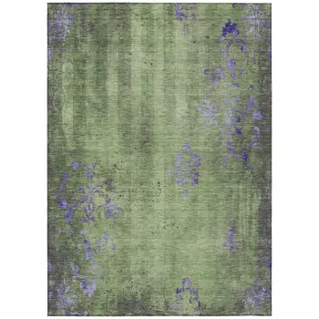 5' X 8' Artichoke Green And Purple Floral Washable Indoor Outdoor Area Rug