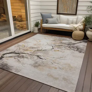 3' X 5' Beige Charcoal And Gold Floral Washable Indoor Outdoor Area Rug