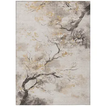 3' X 5' Beige Charcoal And Gold Floral Washable Indoor Outdoor Area Rug