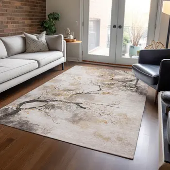 3' X 5' Beige Charcoal And Gold Floral Washable Indoor Outdoor Area Rug