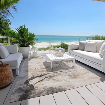 3' X 5' Beige Charcoal And Gold Floral Washable Indoor Outdoor Area Rug