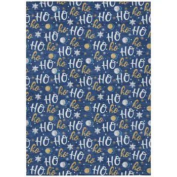 5' X 8' Navy Blue White And Gold Polka Dot Washable Indoor Outdoor Area Rug