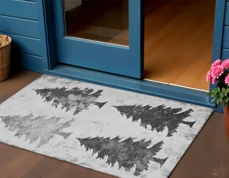 3' X 5' Gray And Silver Botanical Leaves Washable Indoor Outdoor Area Rug