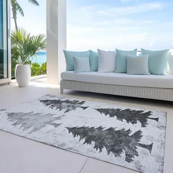 3' X 5' Gray And Silver Botanical Leaves Washable Indoor Outdoor Area Rug
