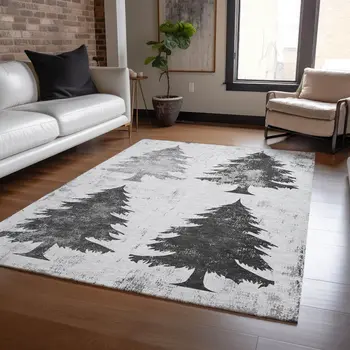 3' X 5' Gray And Silver Botanical Leaves Washable Indoor Outdoor Area Rug