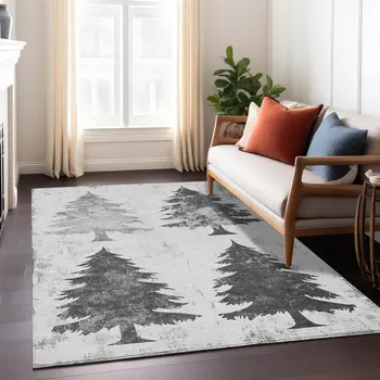 3' X 5' Gray And Silver Botanical Leaves Washable Indoor Outdoor Area Rug