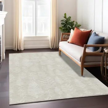8' X 10' Beige And Ivory Botanical Leaves Washable Indoor Outdoor Area Rug