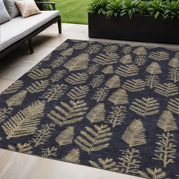 5' X 8' Black And Gold Botanical Leaves Washable Indoor Outdoor Area Rug
