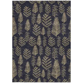 5' X 8' Black And Gold Botanical Leaves Washable Indoor Outdoor Area Rug